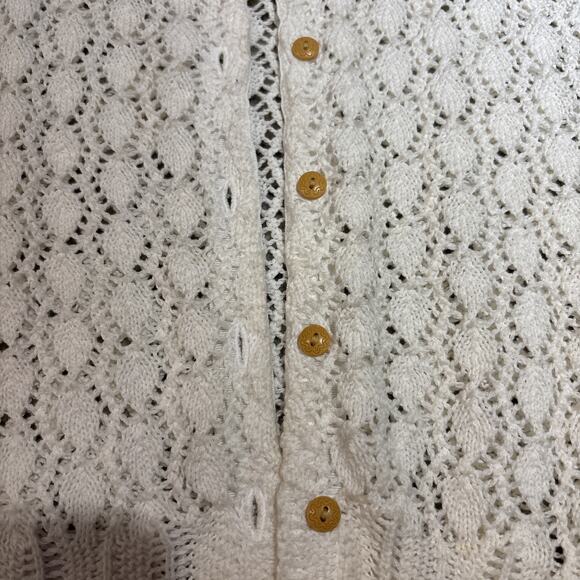 Vtg Cardigan Womens Xl Petite Knit Eyelet Scalloped 80s Cottagecore White Cream - Picture 5 of 8
